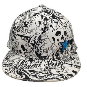 Miami Ink All Over Design Fitted Hat OSFM Blue Star Snake Koi Skull (H25)